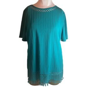 Carole Little Teal Color Top Blouse with Filigree Fringe Bottom Size 12 NEW